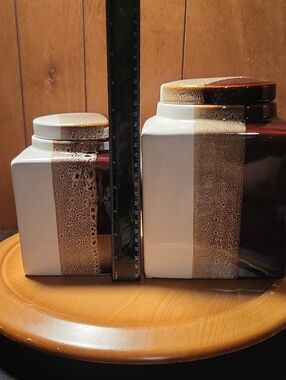 Pier 1 Two-Piece Ceramic Canister Set in White and Brown